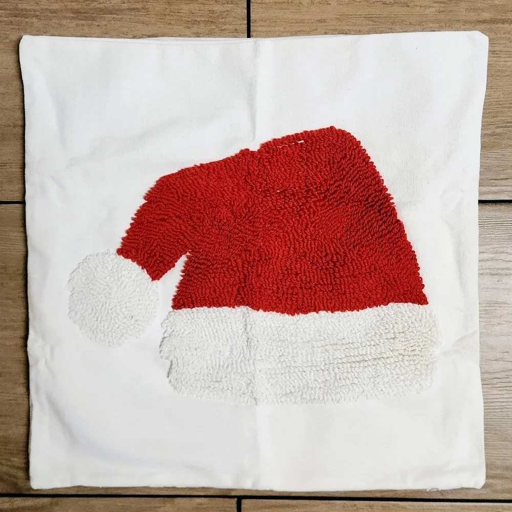 Set of 2 Tufted Santa Hat Pillow Covers Punch Needle Christmas Decor White & Red